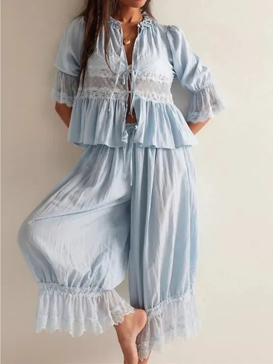 Free People Tops - Free People Forever Young Bed Jacket & Bloomer Pants Set Skyride Blue NWT